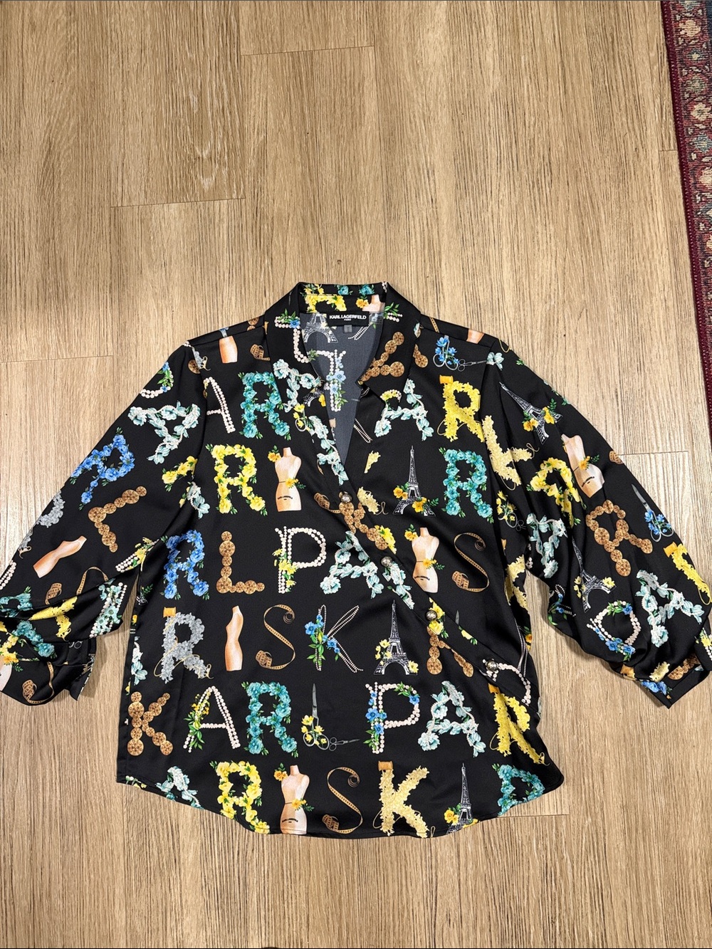 Karl Lagerfeld Black Floral & Eiffel Print blouse Top M